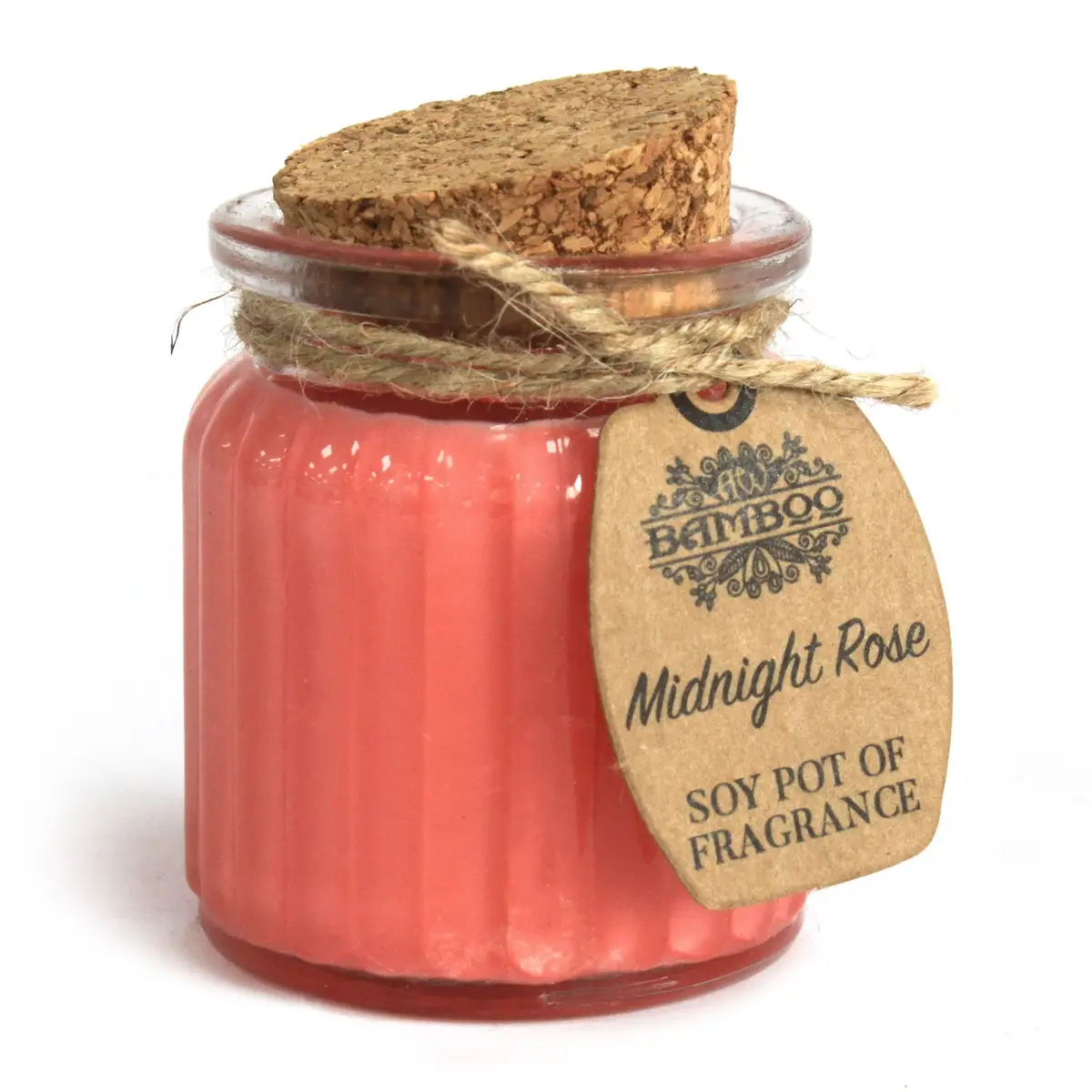 Rött doftljus i räfflad glasburk med korklock och etikett Midnight Rose