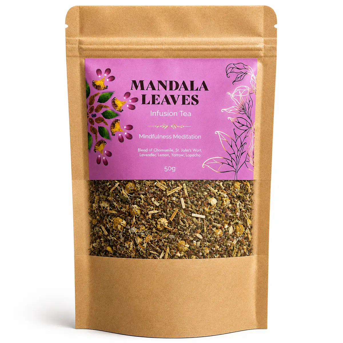 Påse med Mindfulnessmeditation örtte från Mandala Leaves med torkade örter synliga genom fönster