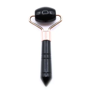 Mini ansiktsroller i svart obsidian med roséguldsfärgat handtag