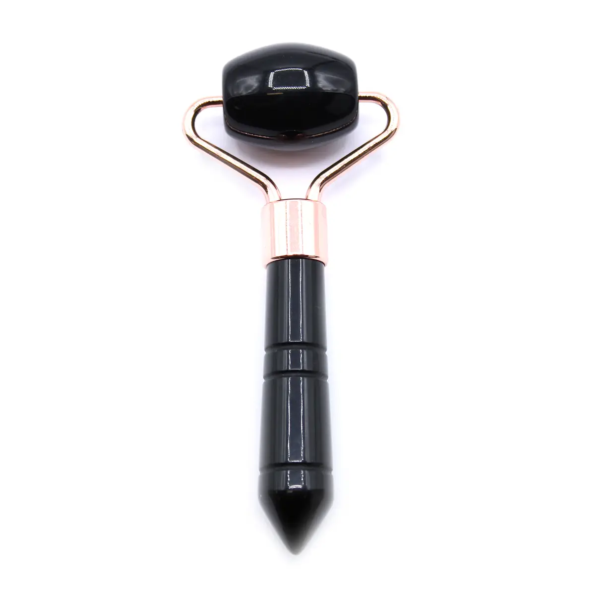 Mini ansiktsroller i svart obsidian med roséguldsfärgat handtag