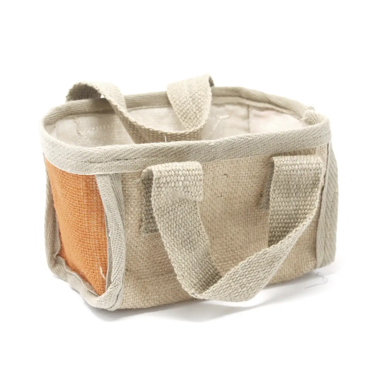 Mini shoppingkorg i jute och bomull med orange sida och mjuka handtag