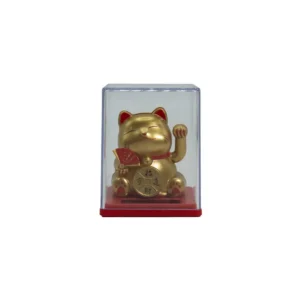 Mini solcellsdriven lyckokatt i guld med röda detaljer i transparent displaybox