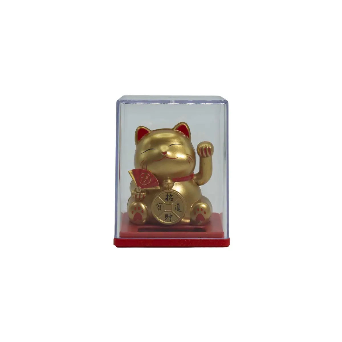 Mini solcellsdriven lyckokatt i guld med röda detaljer i transparent displaybox