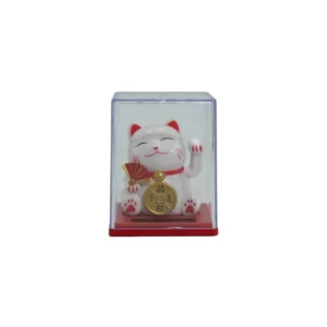 Vit mini lyckokatt med röd och guldfärgad dekor i transparent displaybox