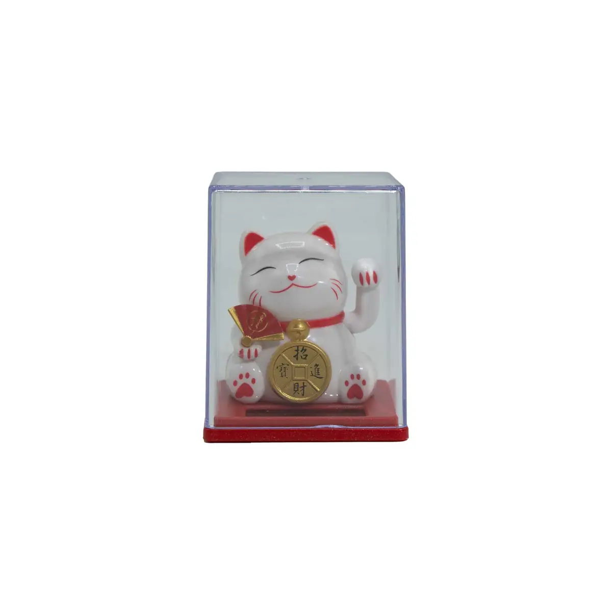 Vit mini lyckokatt med röd och guldfärgad dekor i transparent displaybox