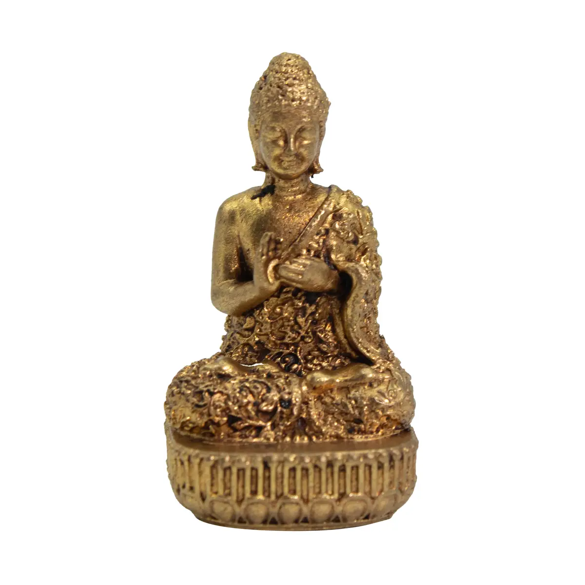 Liten buddhafigur i mässing med detaljerad mönstrad dräkt och bas