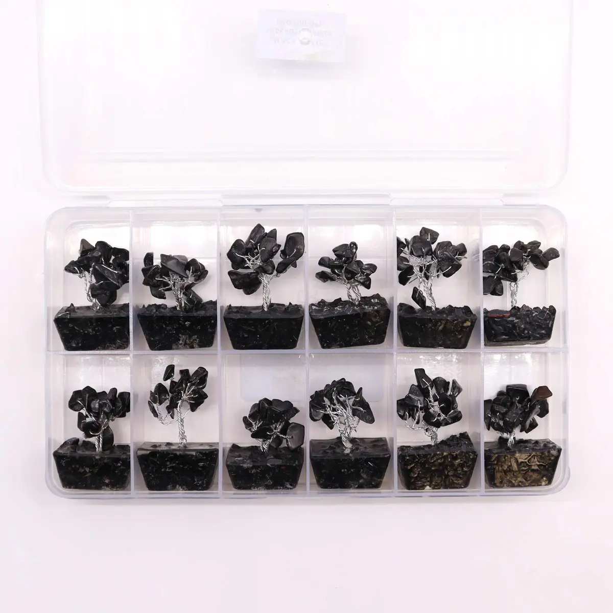 Miniatyrträd av svart agat på orgonitbas, 15 stenar - produktbild 6