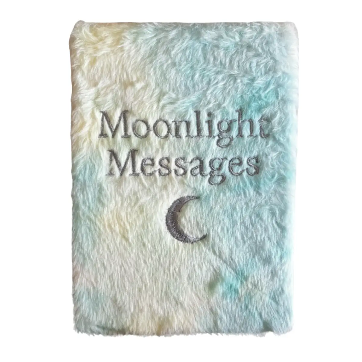 Mjuk fluffig anteckningsbok med broderad text Moonlight Messages och halvmåne i pastellfärger