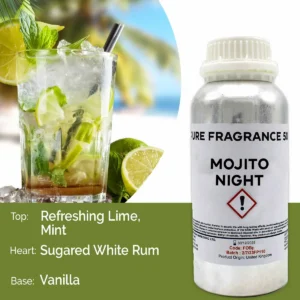 Flaska med Mojito Night ren doftolja 500 ml bredvid ett glas mojito med lime och mynta