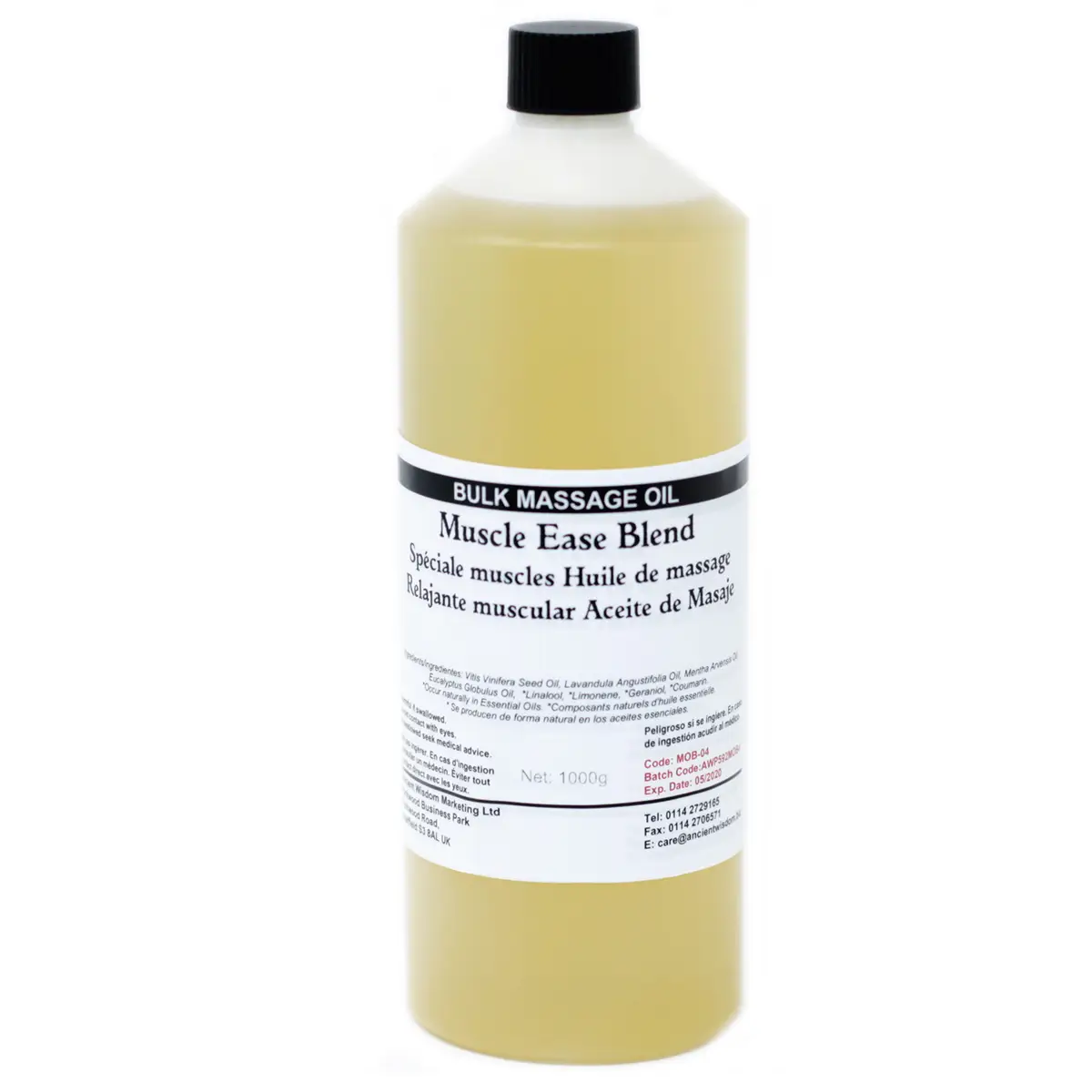 Flaska med Muscle Ease 1 kg massageolja med vit etikett och svart lock