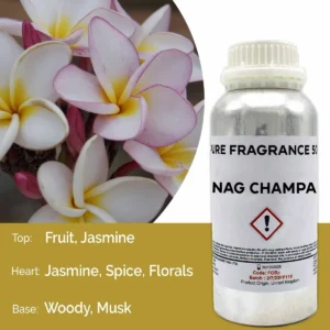 Flaska med Nag Champa ren doftolja 500 ml och närbild på blommor