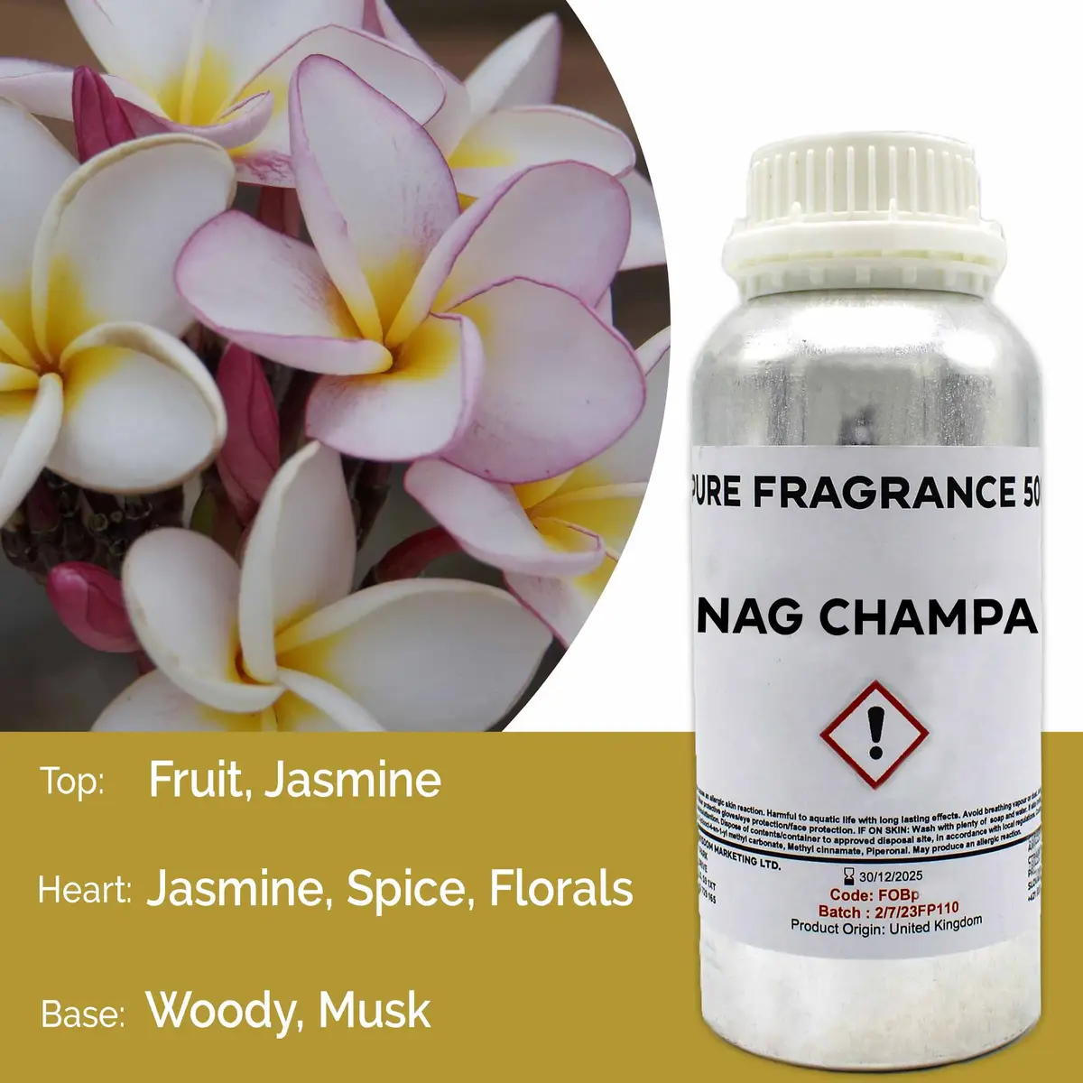 Flaska med Nag Champa ren doftolja 500 ml och närbild på blommor