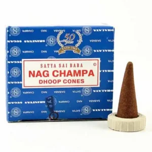 Nag Champa rökelsekoner med blå förpackning och en kon på hållare