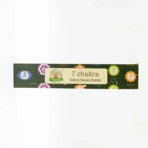 Förpackning med Namaste Mandala Masala-rökelsepinnar 7 chakra med färgstarka chakrasymboler