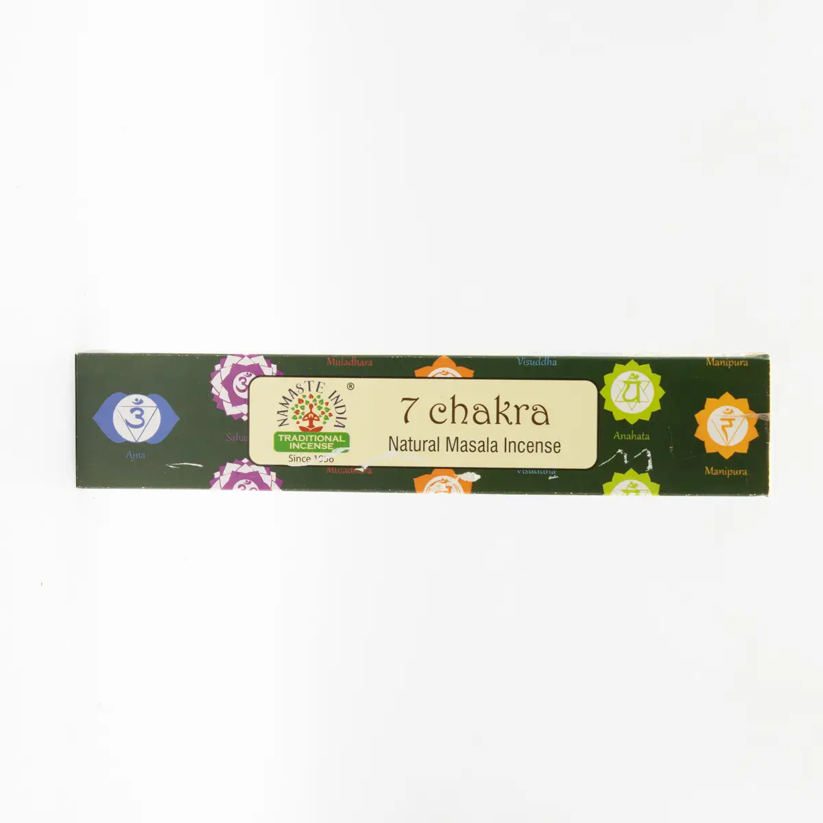Förpackning med Namaste Mandala Masala-rökelsepinnar 7 chakra med färgstarka chakrasymboler