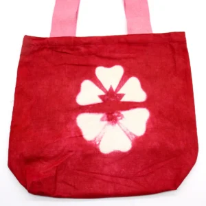 Naturlig batikfärgad bomullsväska med blommönster och rosa handtag 38x42x12 cm - produktbild 3