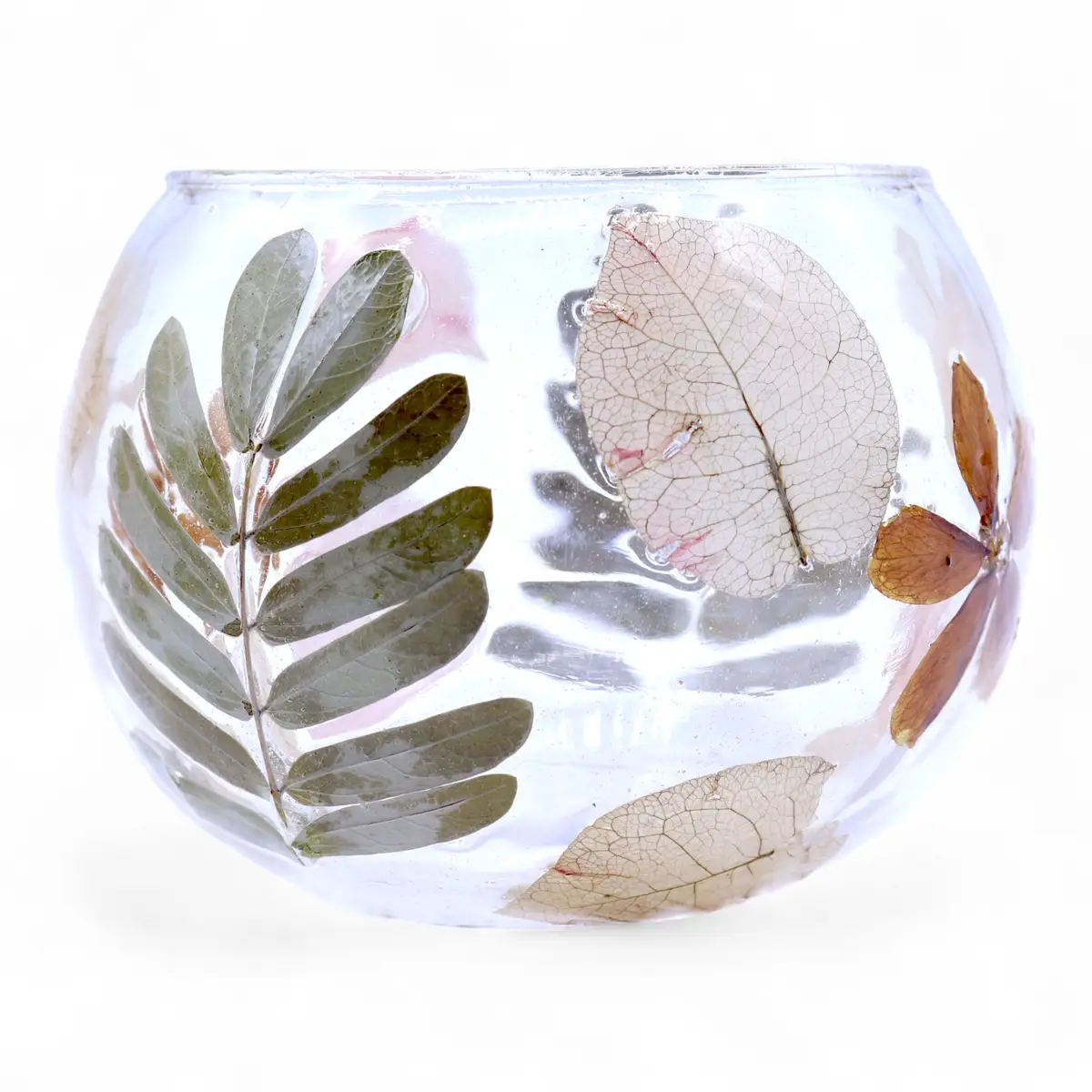 Naturlig glasljusstake med blommotiv, skålformad 8x10 cm - produktbild 3