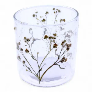 Cylindrisk glasljusstake med inbäddade torkade blommor