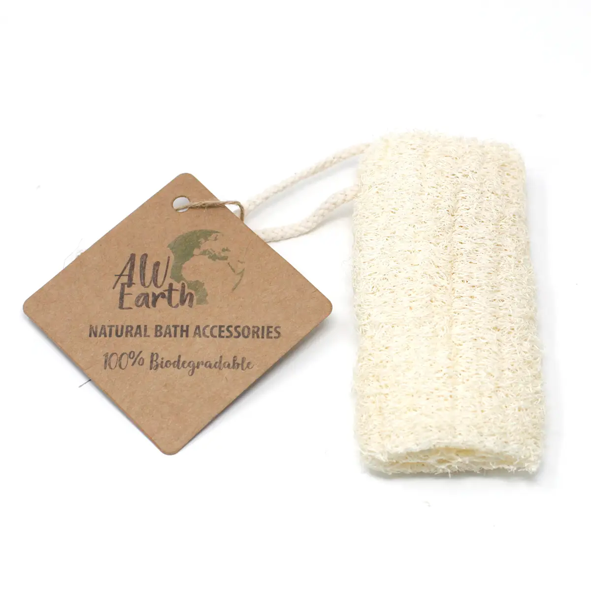 Naturlig loofah-skrubb med snöre och etikett AW Earth