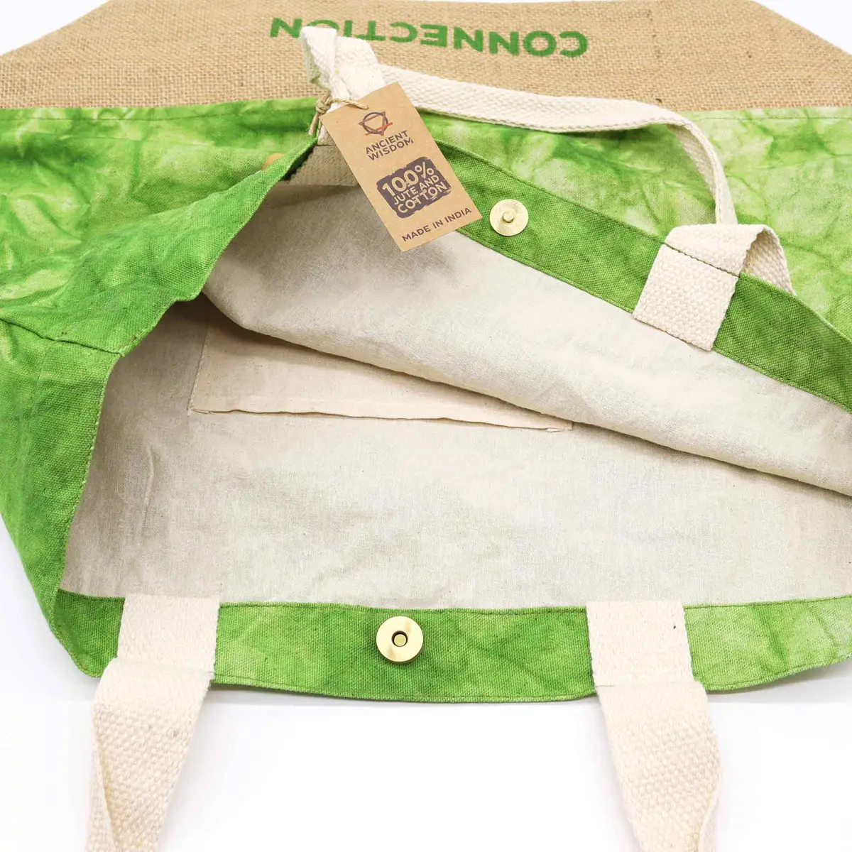 Naturlig strandväska i grön stonewash med livets träd - produktbild 4