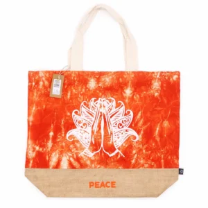 Orange strandväska med vit Namaste-hand och texten Peace i naturligt jute-material