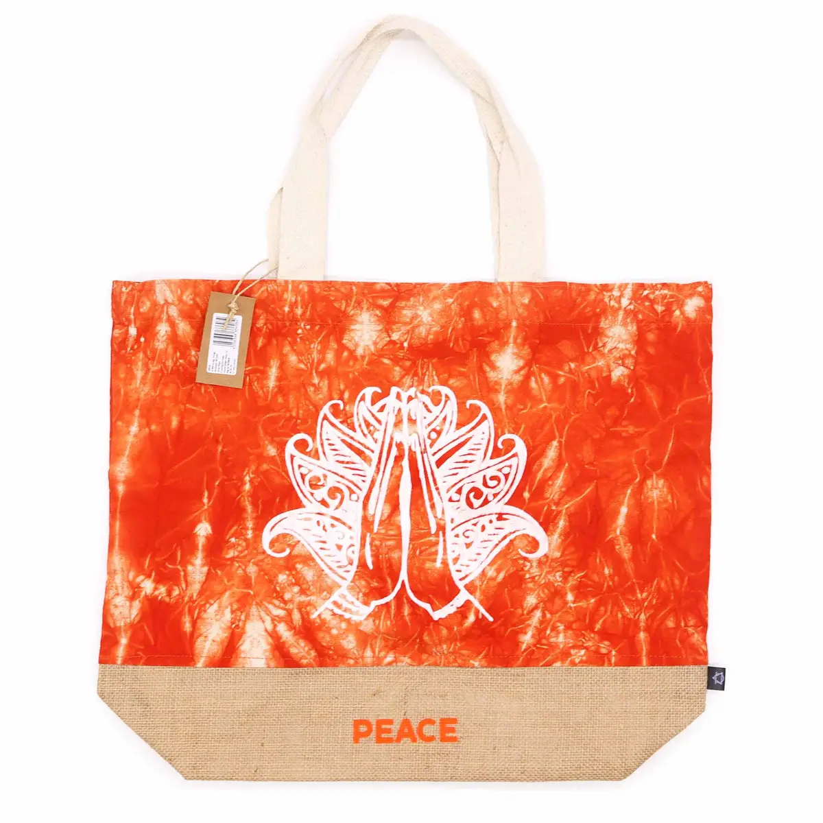 Orange strandväska med vit Namaste-hand och texten Peace i naturligt jute-material