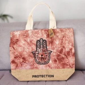 Naturlig strandväska i terrakotta med Hamsa-symbol - produktbild 2