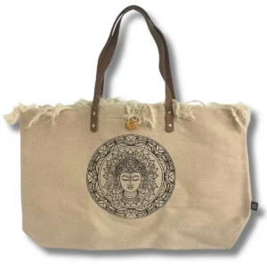 Naturlig tygkasse med läderhandtag och buddha-motiv på framsidan