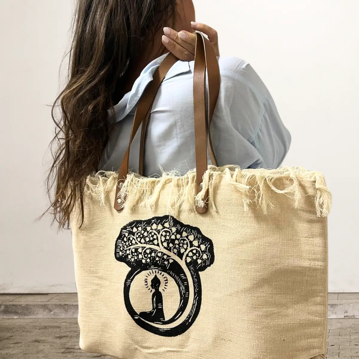 Naturlig tygkasse med läderhandtag och Buddha-motiv - produktbild 2