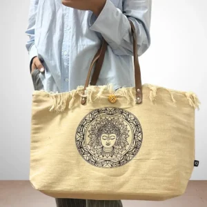 Naturlig tygkasse med läderhandtag och buddha-motiv - produktbild 2