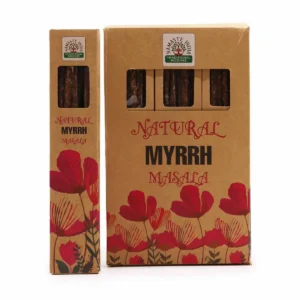 Förpackning med naturliga masala-rökelsepinnar med myrra och blommönster