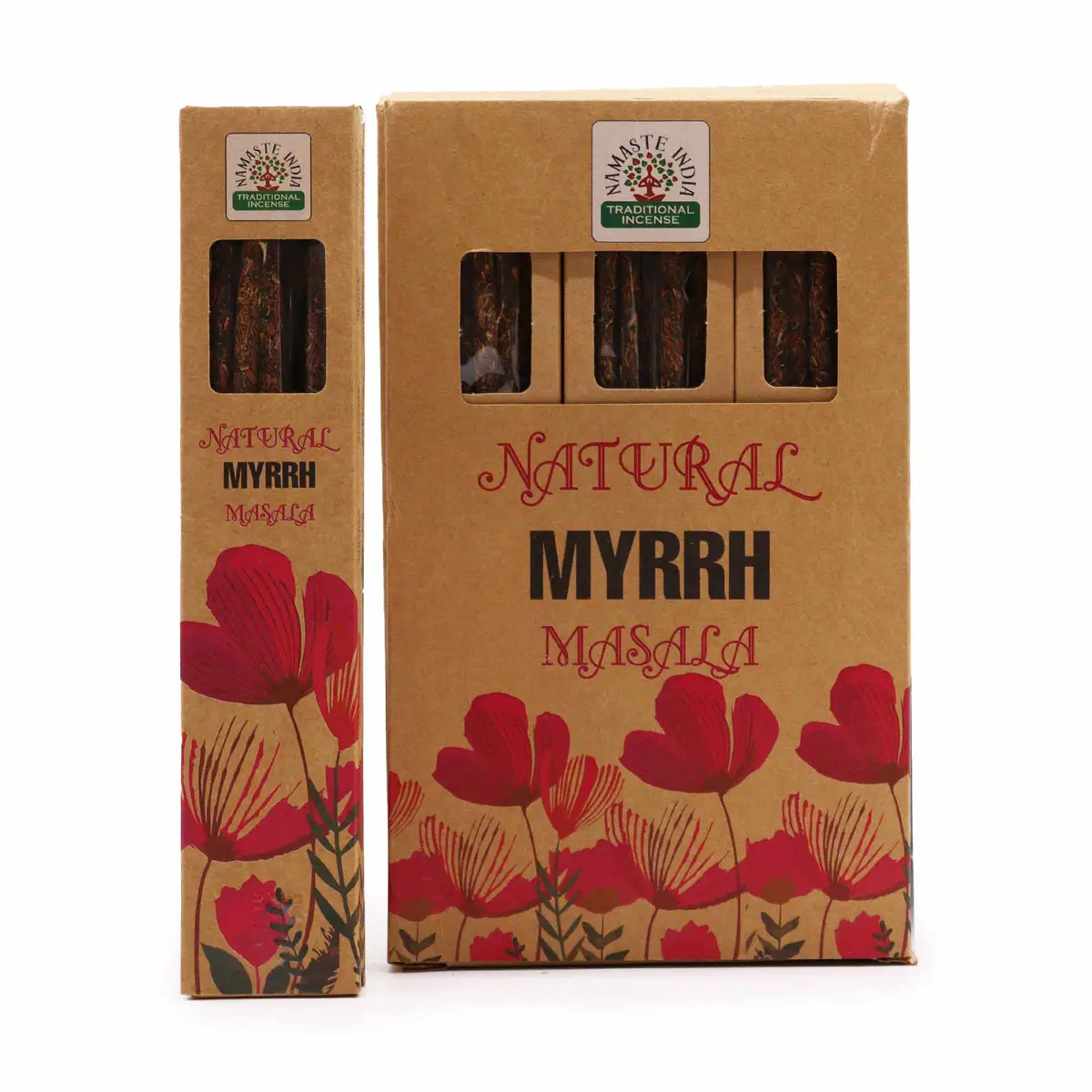 Förpackning med naturliga masala-rökelsepinnar med myrra och blommönster