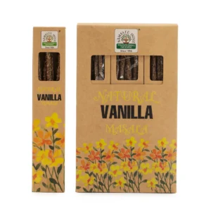 Förpackning med naturliga botaniska masala-rökelsepinnar med vaniljdoft i kraftkartong med fönster