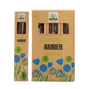 Förpackning med naturliga botaniska masala-rökelsestickor Amber i kraftkartong med blommönster