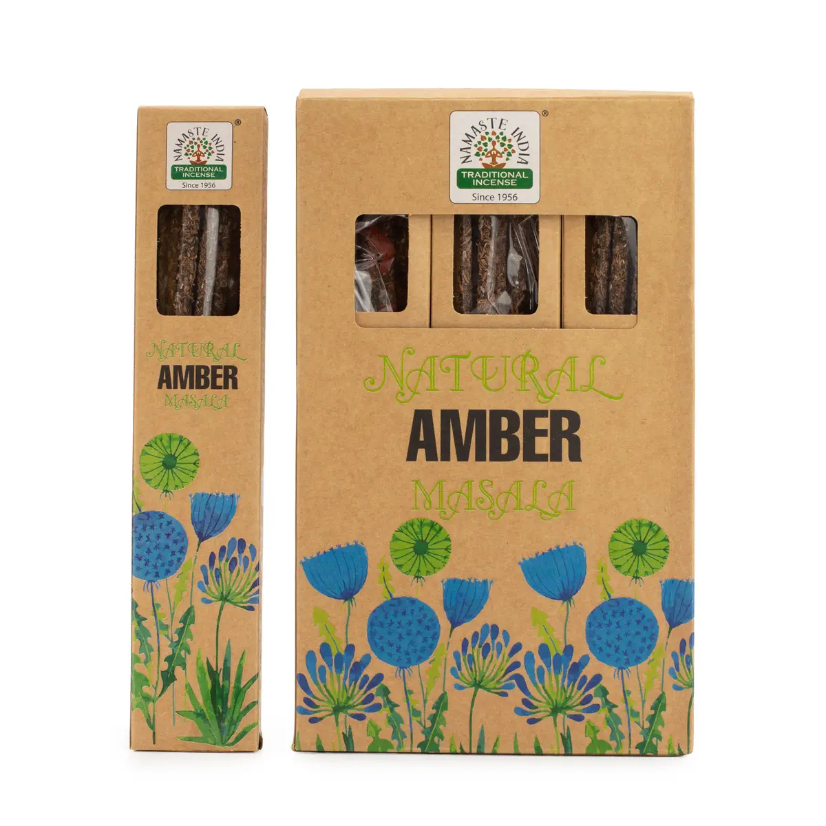 Förpackning med naturliga botaniska masala-rökelsestickor Amber i kraftkartong med blommönster
