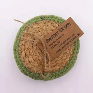 Naturliga glasunderlägg i jute och bomull 10 cm, set om 4 med olivgrön kant - produktbild 3