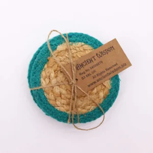 Naturliga glasunderlägg i jute och bomull 10 cm, set om 4 med teal kant - produktbild 3