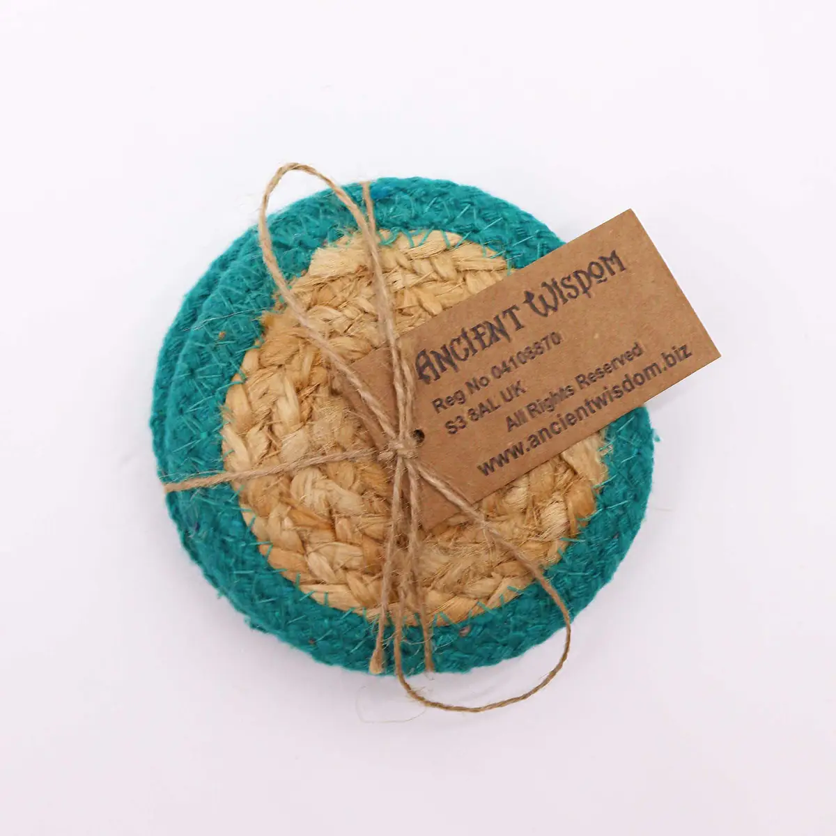 Naturliga glasunderlägg i jute och bomull 10 cm, set om 4 med teal kant - produktbild 3