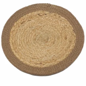 Runt bordsunderlägg i flätad jute och bomull med naturfärgad kant