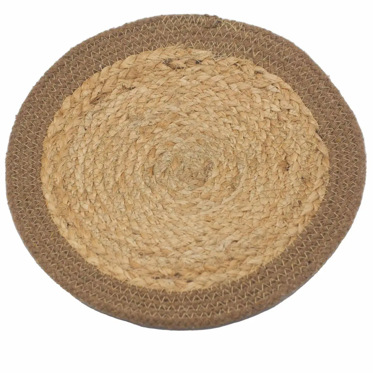 Runt bordsunderlägg i flätad jute och bomull med naturfärgad kant