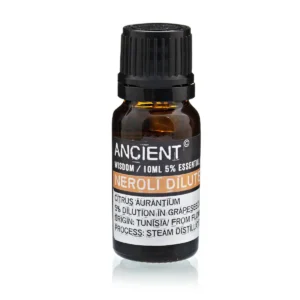 Flaska med neroli eterisk olja 10 ml med svart lock och etikett