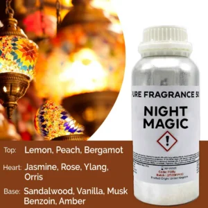 Flaska med Night Magic ren doftolja 500 ml bredvid färgglada orientaliska lampor