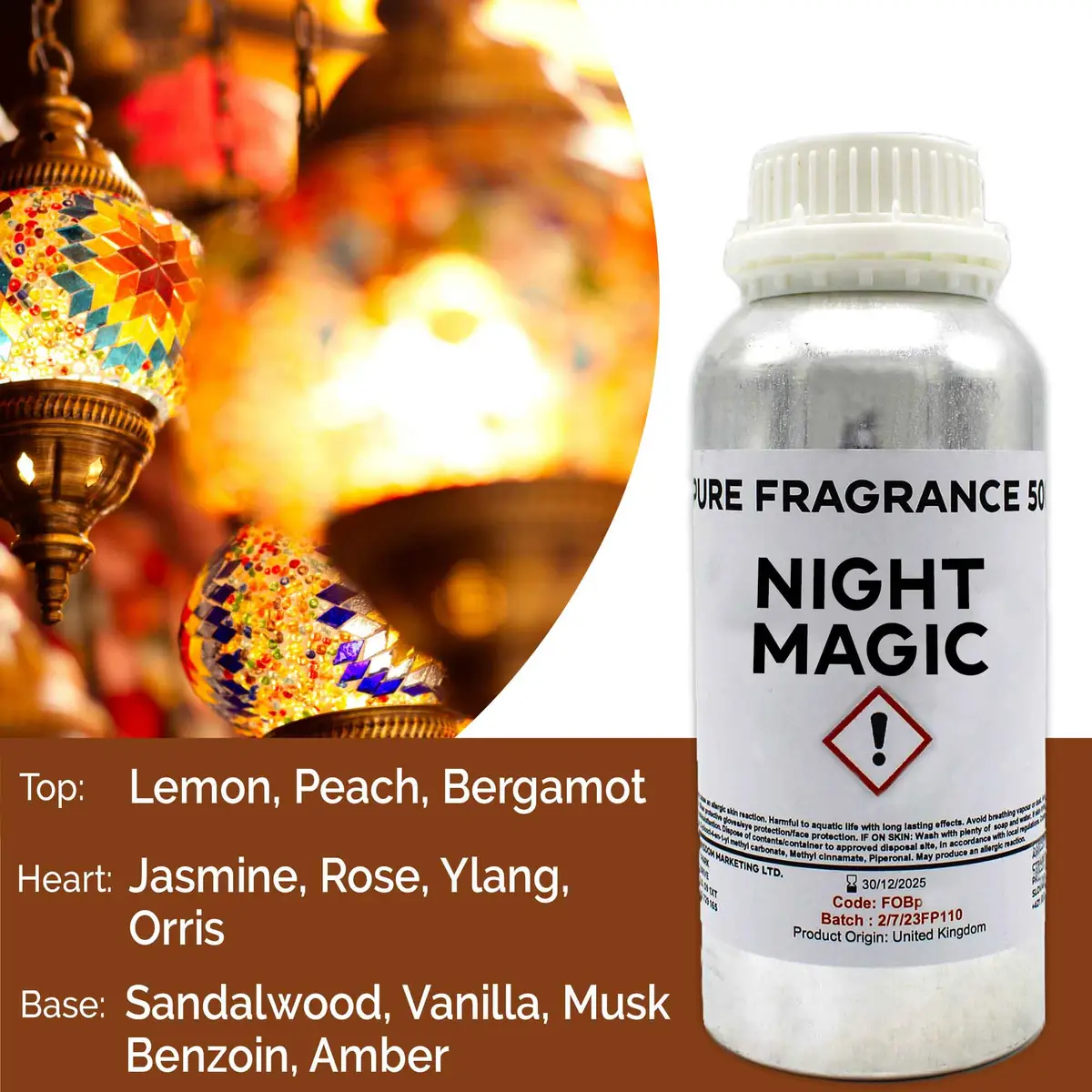 Flaska med Night Magic ren doftolja 500 ml bredvid färgglada orientaliska lampor