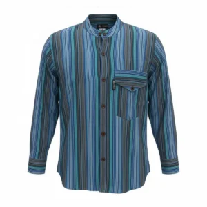 Turkos randig Nomad Sari Artisan-skjorta med ståkrage och bröstficka