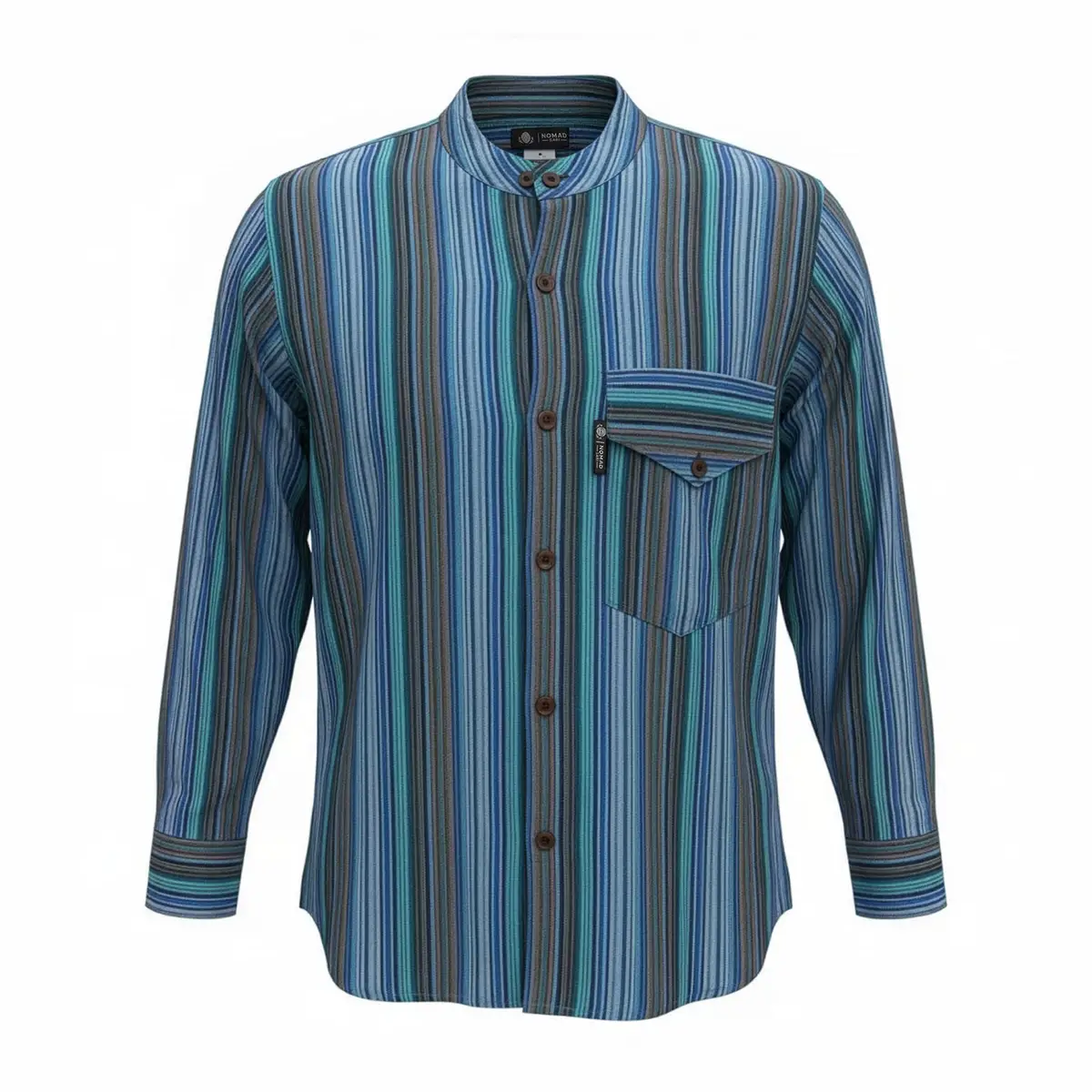 Turkos randig Nomad Sari Artisan-skjorta med ståkrage och bröstficka