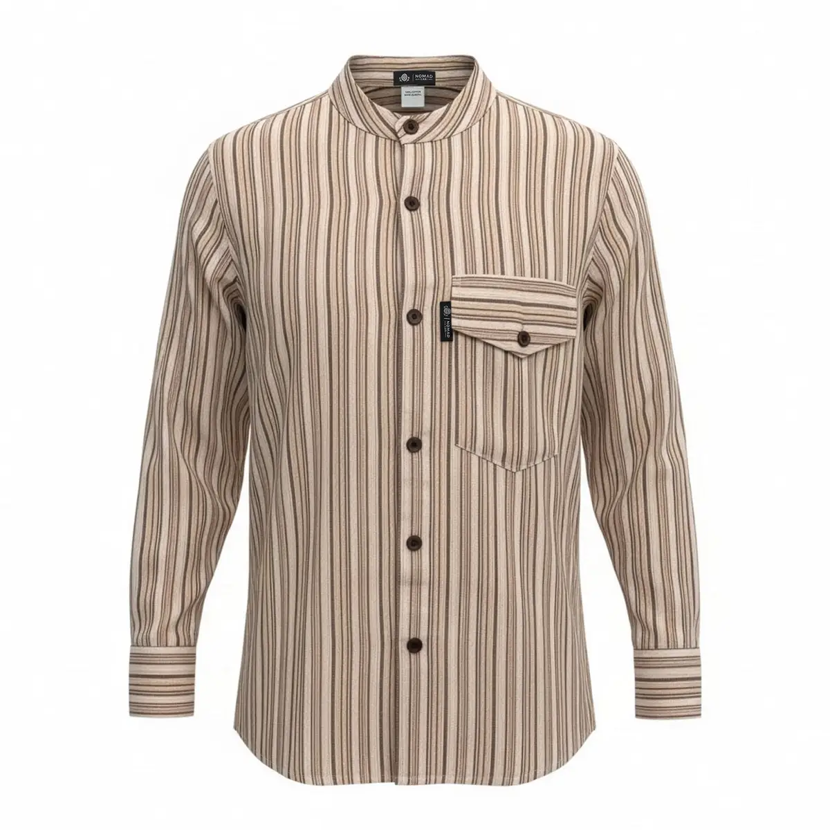 Brunbeige randig skjorta med ståkrage och knappknäppning från Nomad Sari