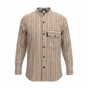 Randig brunbeige Grandad-skjorta med kraglös design och knappficka