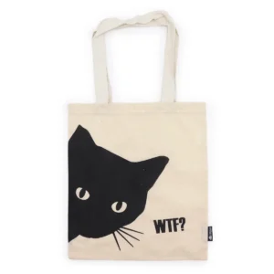 Bomullskasse med svart kattmotiv och texten WTF?