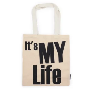 Naturvit bomullskasse med svart tryck 'It's My Life' och två handtag