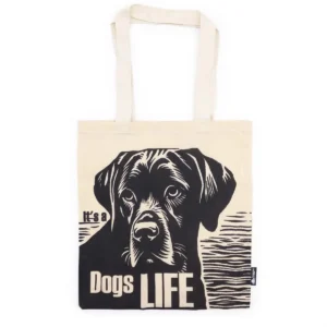 Naturlig bomullskasse med svart hundillustration och texten Dogs Life